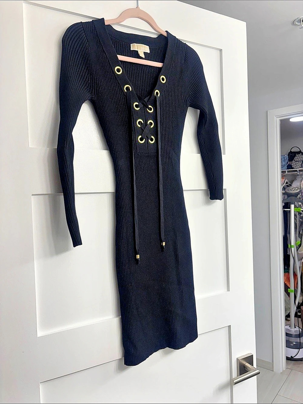 Michael Kors Ribbed Stretch Knit Lace-Up Dress Midi Dress Black XS
